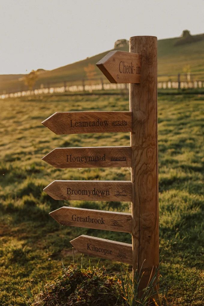 Wooden signpost among the woodland at the Firesyde retreat